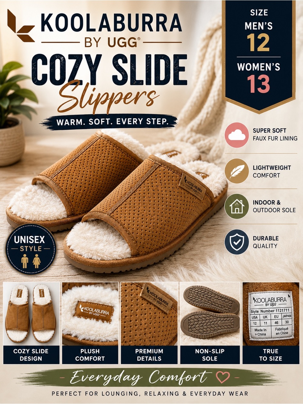 Koolaburra by UGG Cozy Slide Slippers Tan Size 12 Men’s / 13 Women’s